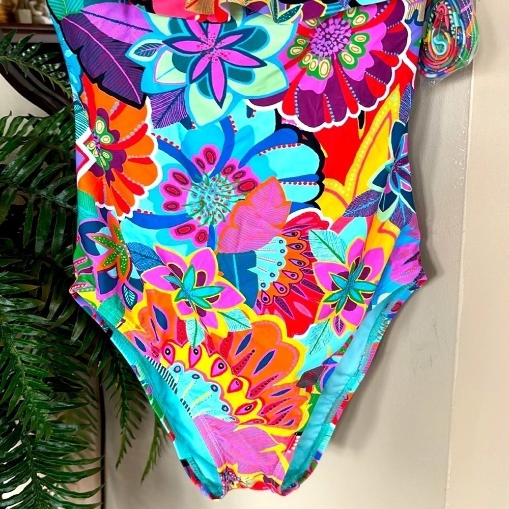 NWT Bleu Rod Beattie Colorful Floral Off The Shoulder Ruffle One-Piece Swimsuit
